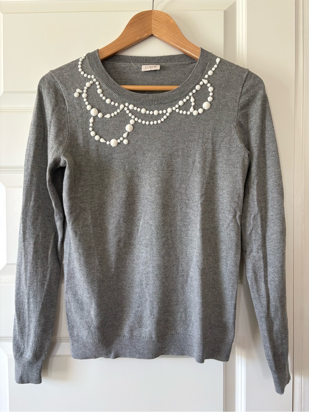 J. Crew Gray Sweater with Pearl Neck Embellishment